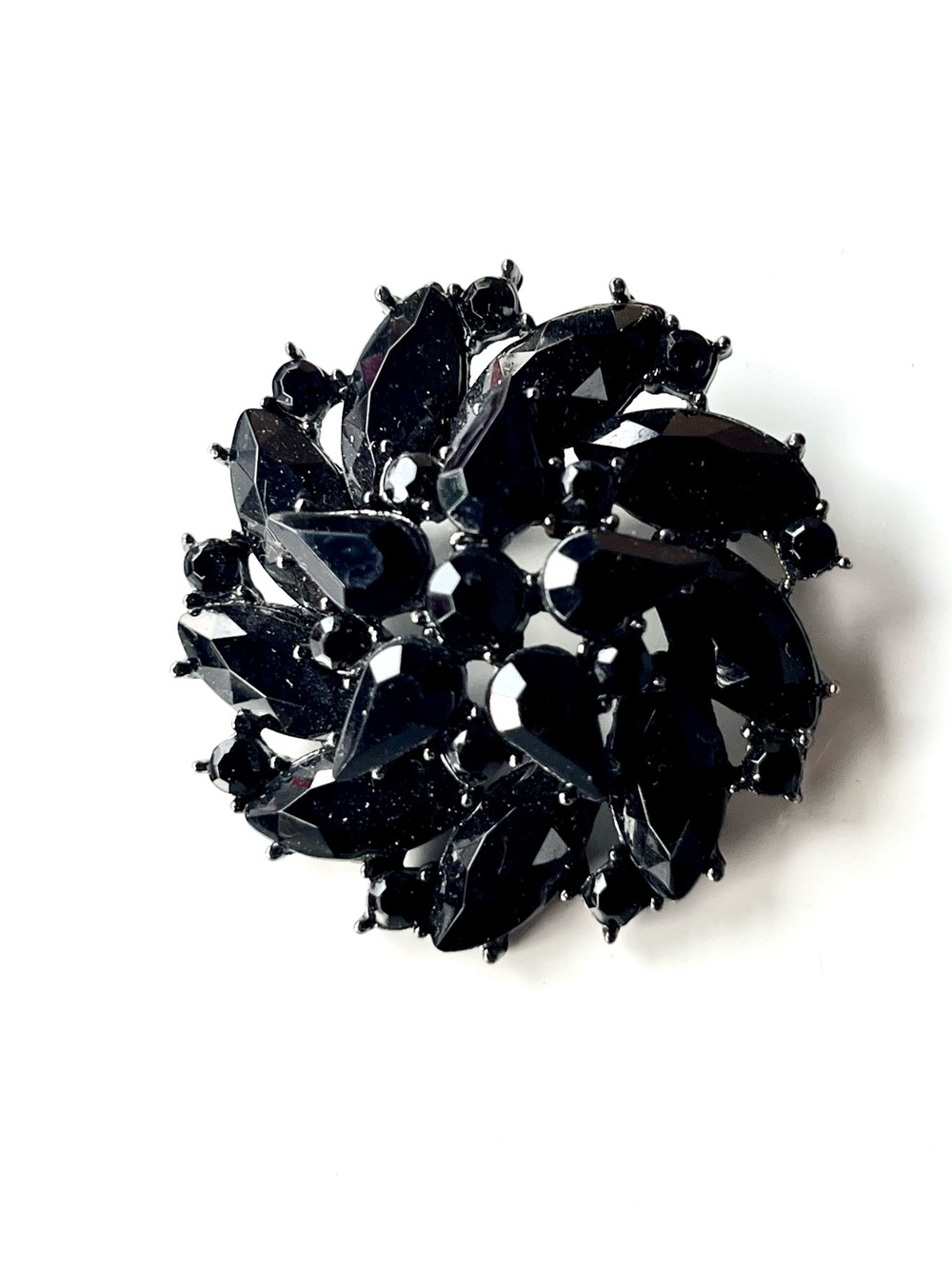 Vintage Gunmetal and Black Glass Brooch